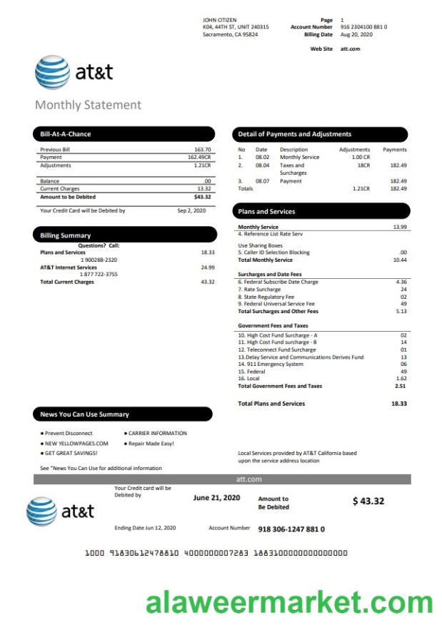 USA Texas AT&T easy to fill utility bill template in Word and PDF format